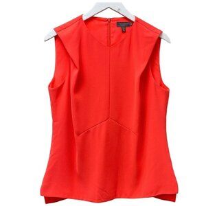 TED BAKER Womens Top S/M Neon Coral Sleeveless V-neck Ruffle